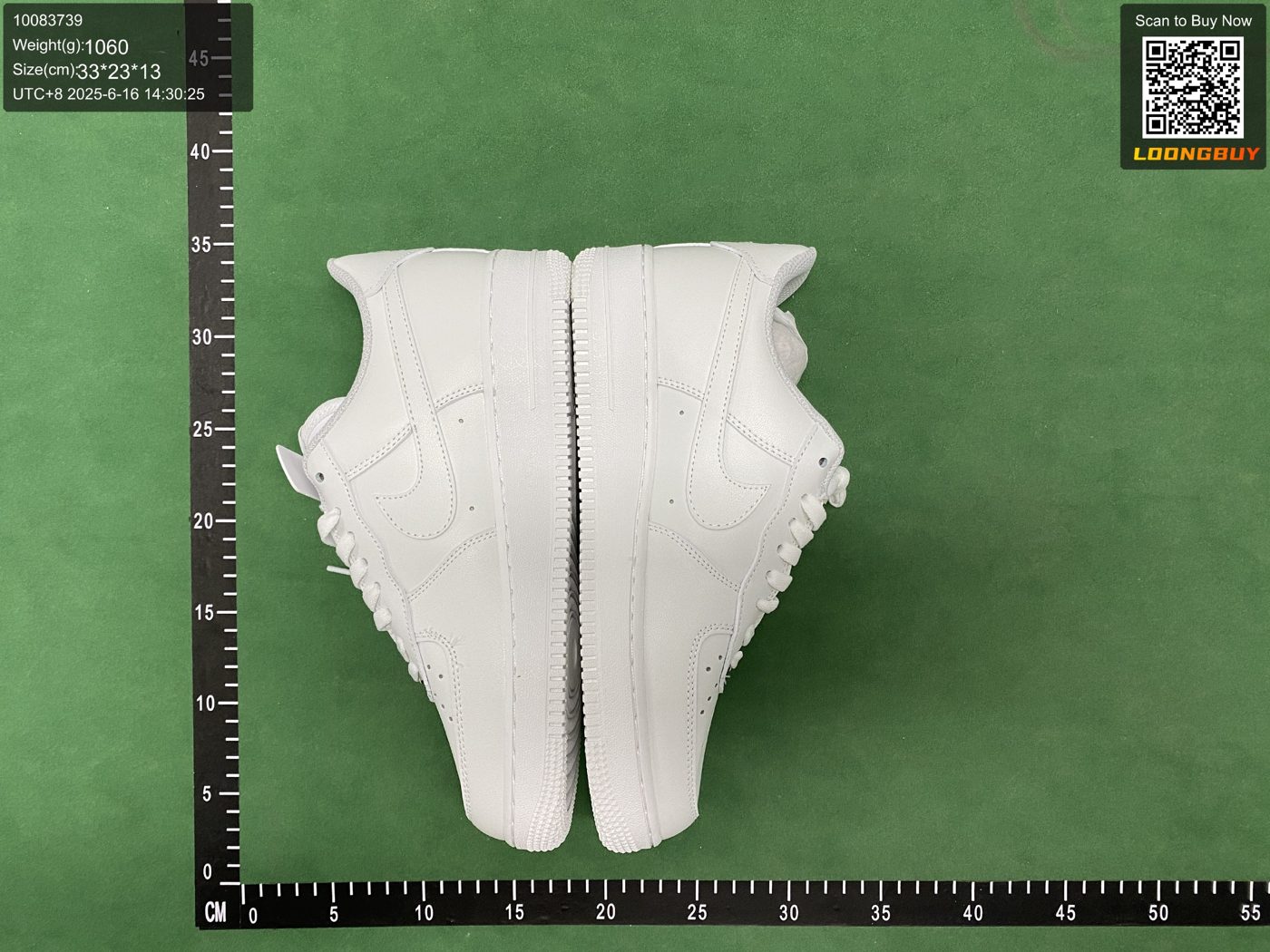 Real BBDbuy QC photo — sneakers on the inspection mat with a ruler, weight and size