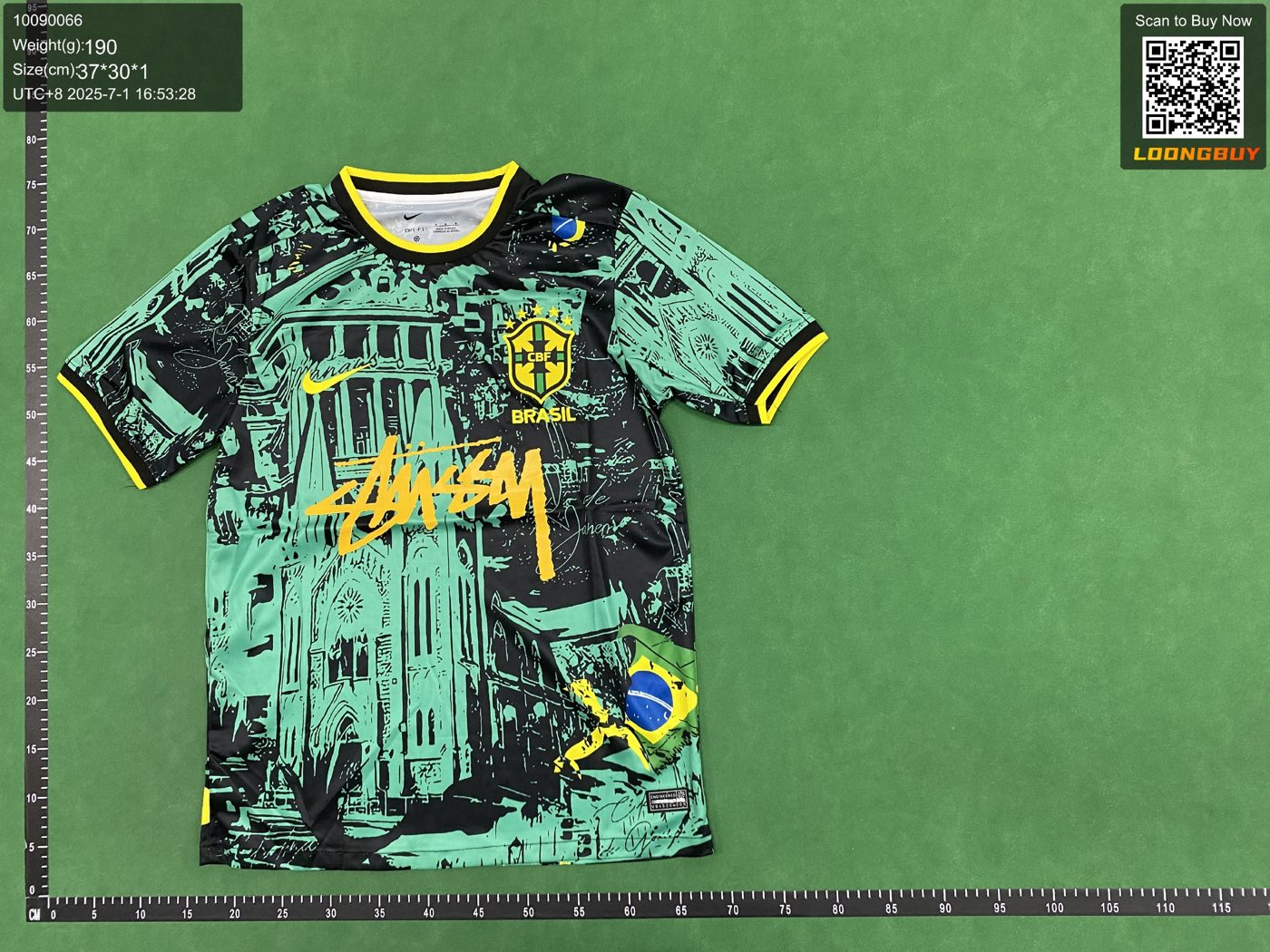 QC photo of a football jersey with ruler and size panel