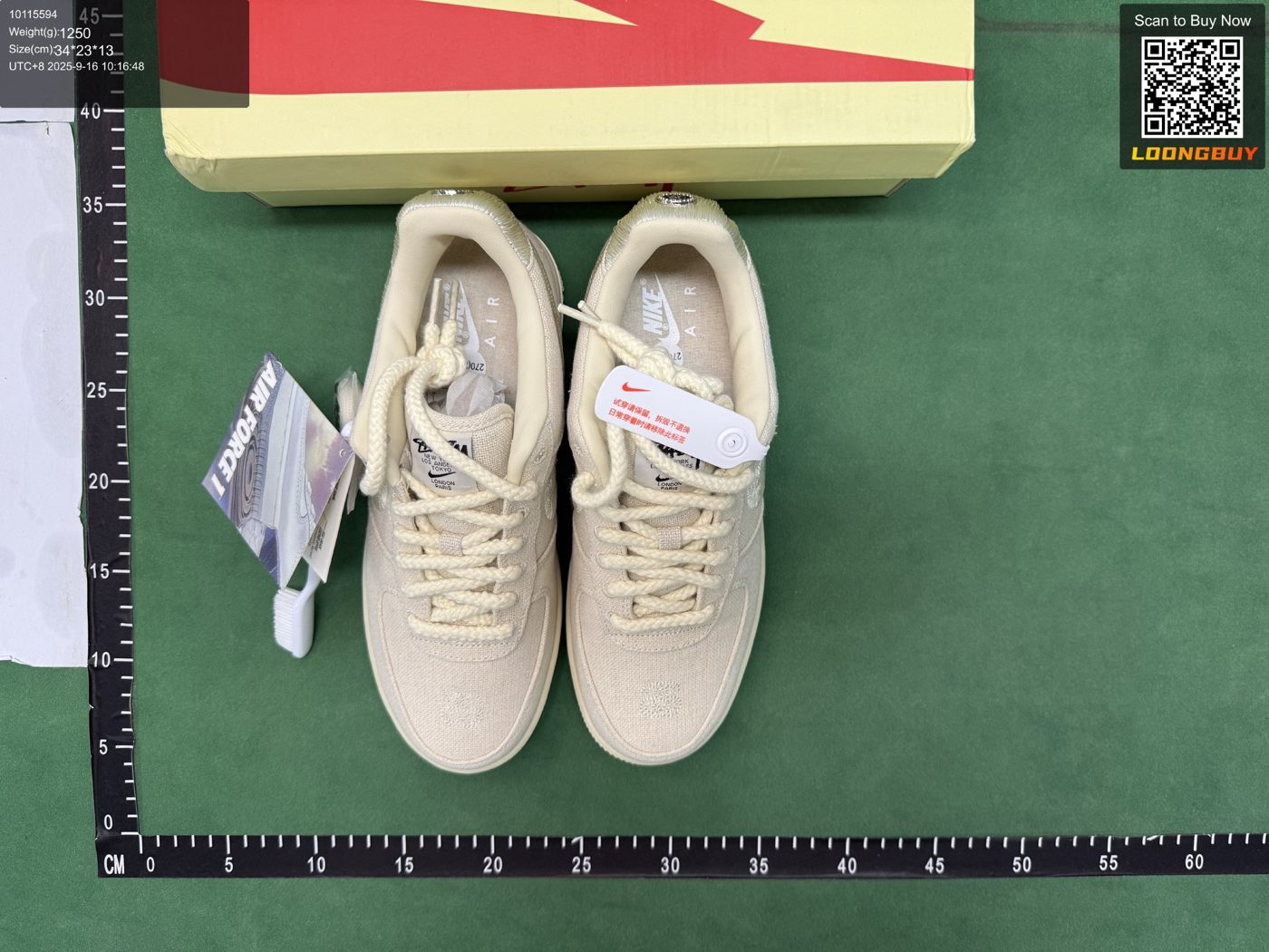 QC photo of canvas sneakers with box, tag, ruler and size panel